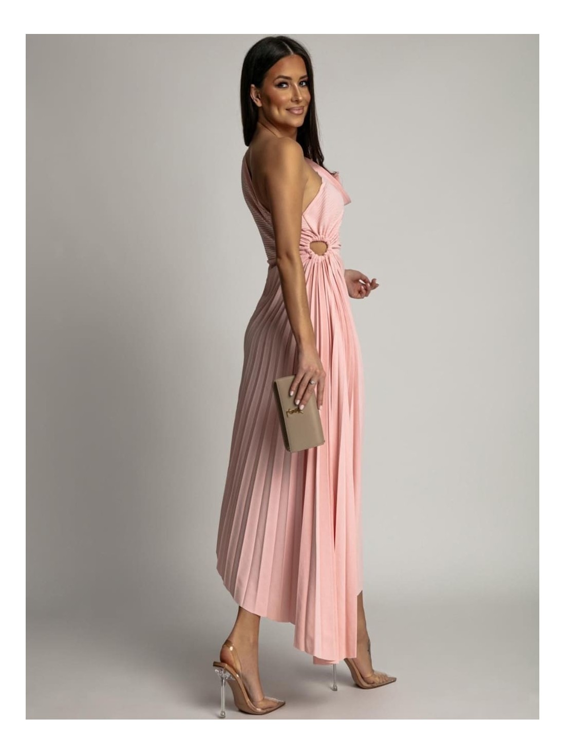 Elegant pleated dress with a flower, powder pink AZRHP6987